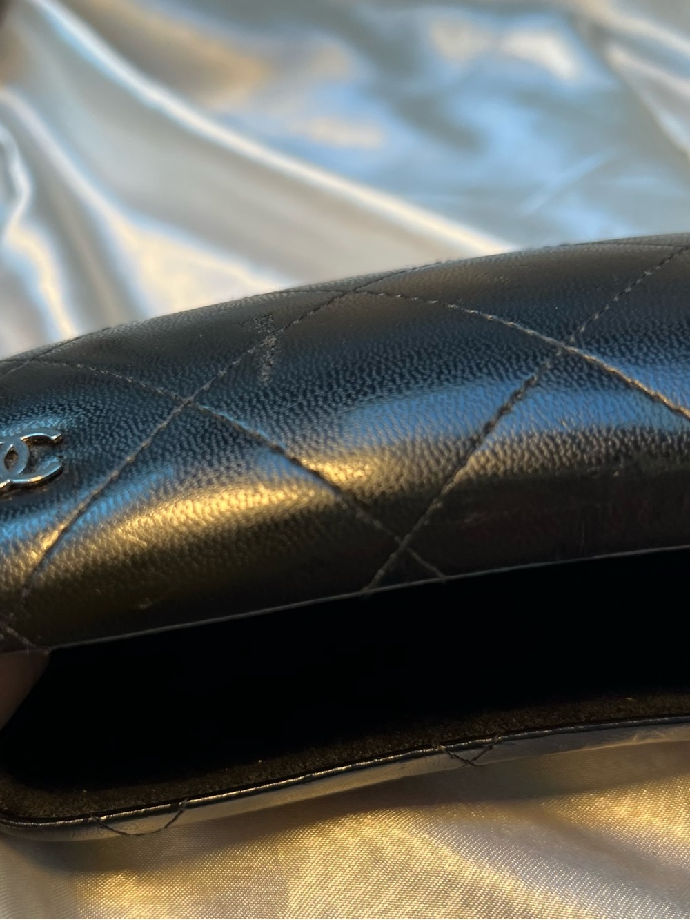 CHANEL Black Quilted Leather Sunglass Case with Gold CC Emblem
